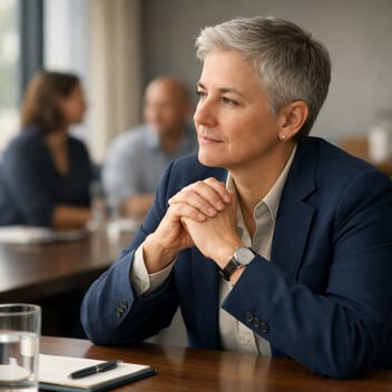 A senior healthcare executive in a thoughtful moment during a small leadership meeting, with colleagues visible in the background.