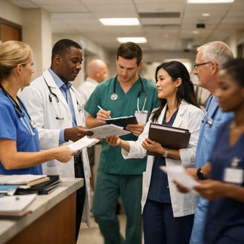 A care team in motion in a hospital hallway, representing the coordination work that happens between clinical documentation.