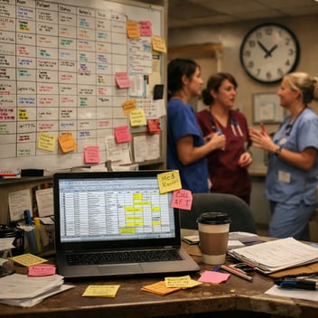 A close-up of a hospital nursing station showing handwritten notes and informal tracking tools used by care teams.