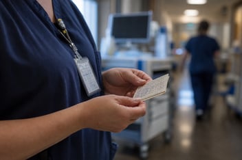 A clinician's handwritten tracking card — the kind care teams keep to follow work that no system is tracking for them.
