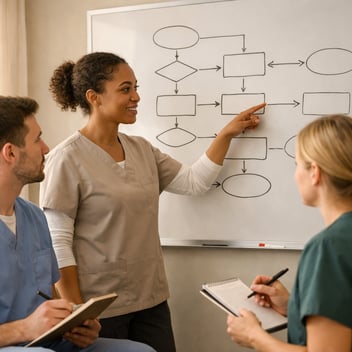 A small team gathered around a whiteboard, working through a clinical workflow together.