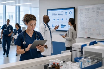 Discharge coordinator reviewing patient workflow documentation at a workstation