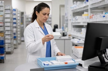 A pharmacist flagging a medication that isn't stocked, the moment before the alert leaves her hands.
