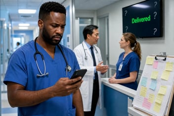 Two clinicians in a professional exchange near a hospital nursing station