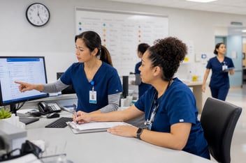 Two nurses at a nursing station during a shift handoff conversation