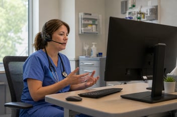 A virtual nurse with dedicated time for discharge education, working from a quiet care workstation.