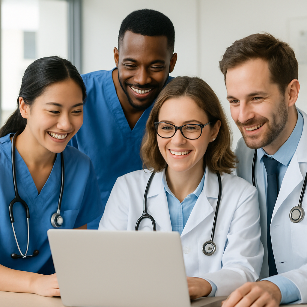 Healthcare workers collaborating around a laptop