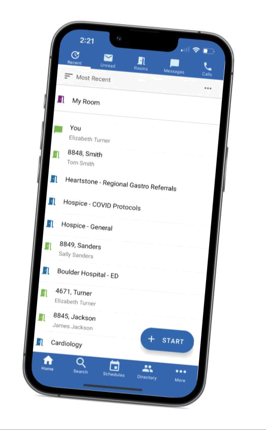 Backline mobile app showing care-team rooms and conversations
