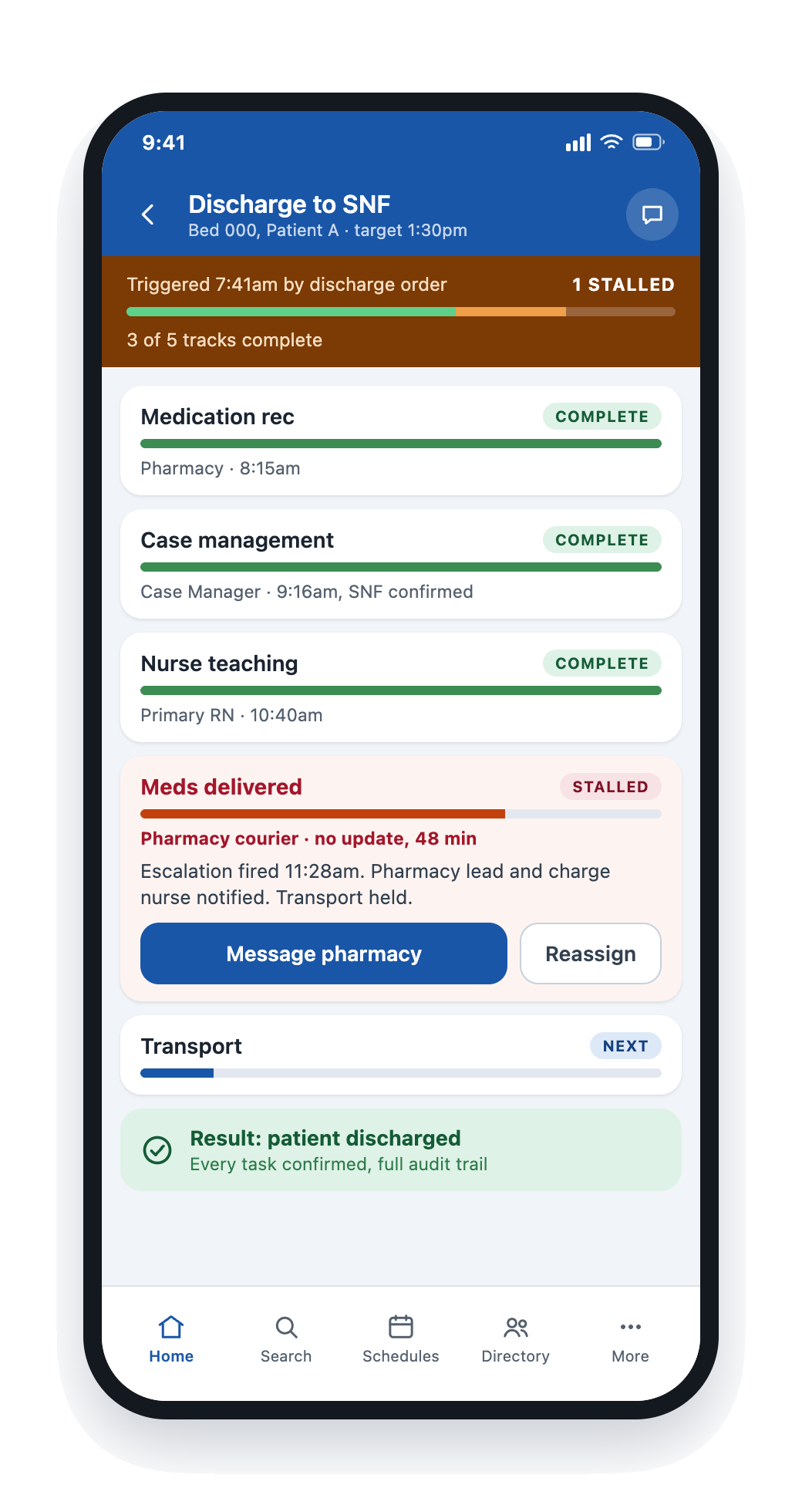Backline mobile: discharge pathway with one stalled step escalated
