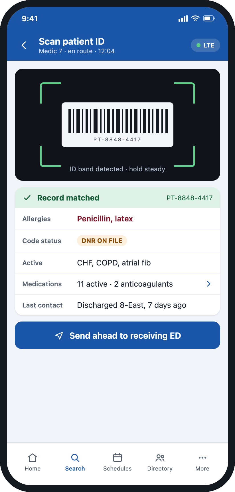 Backline app scanning the barcode on the back of a patient's driver's license to request a medication list
