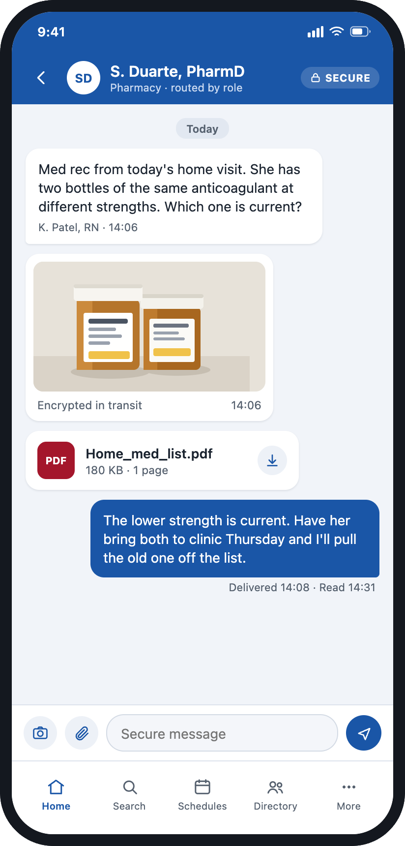 Backline secure message with a med rec photo and PDF shared with pharmacy