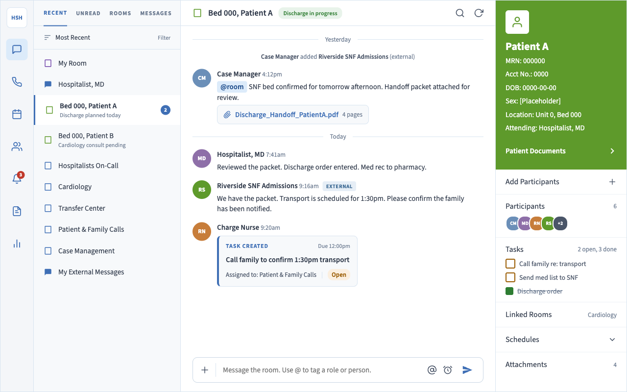Backline desktop: patient room for discharge coordination with messages, tasks, and participants